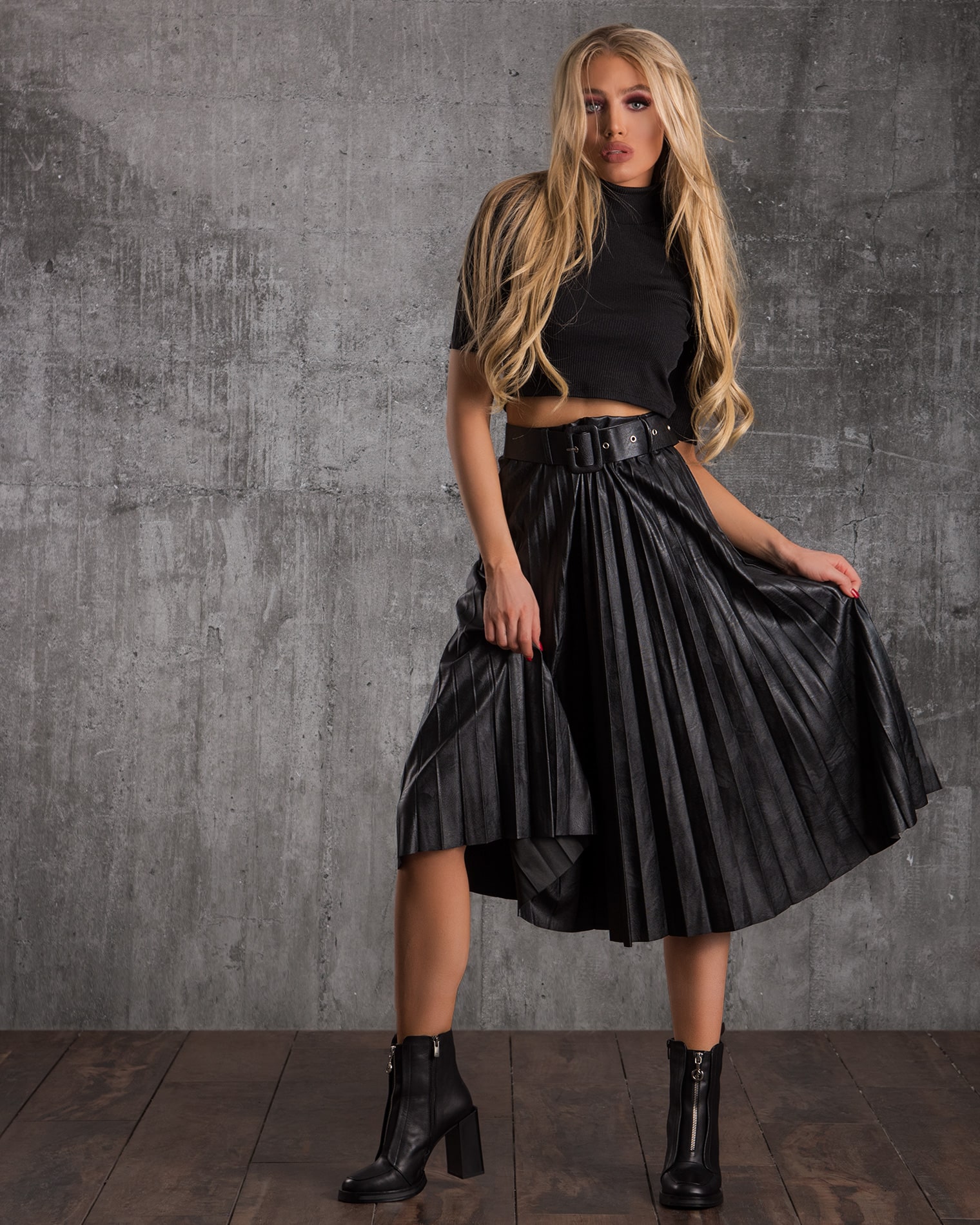Extra Midi Belted Skirt, Black Color