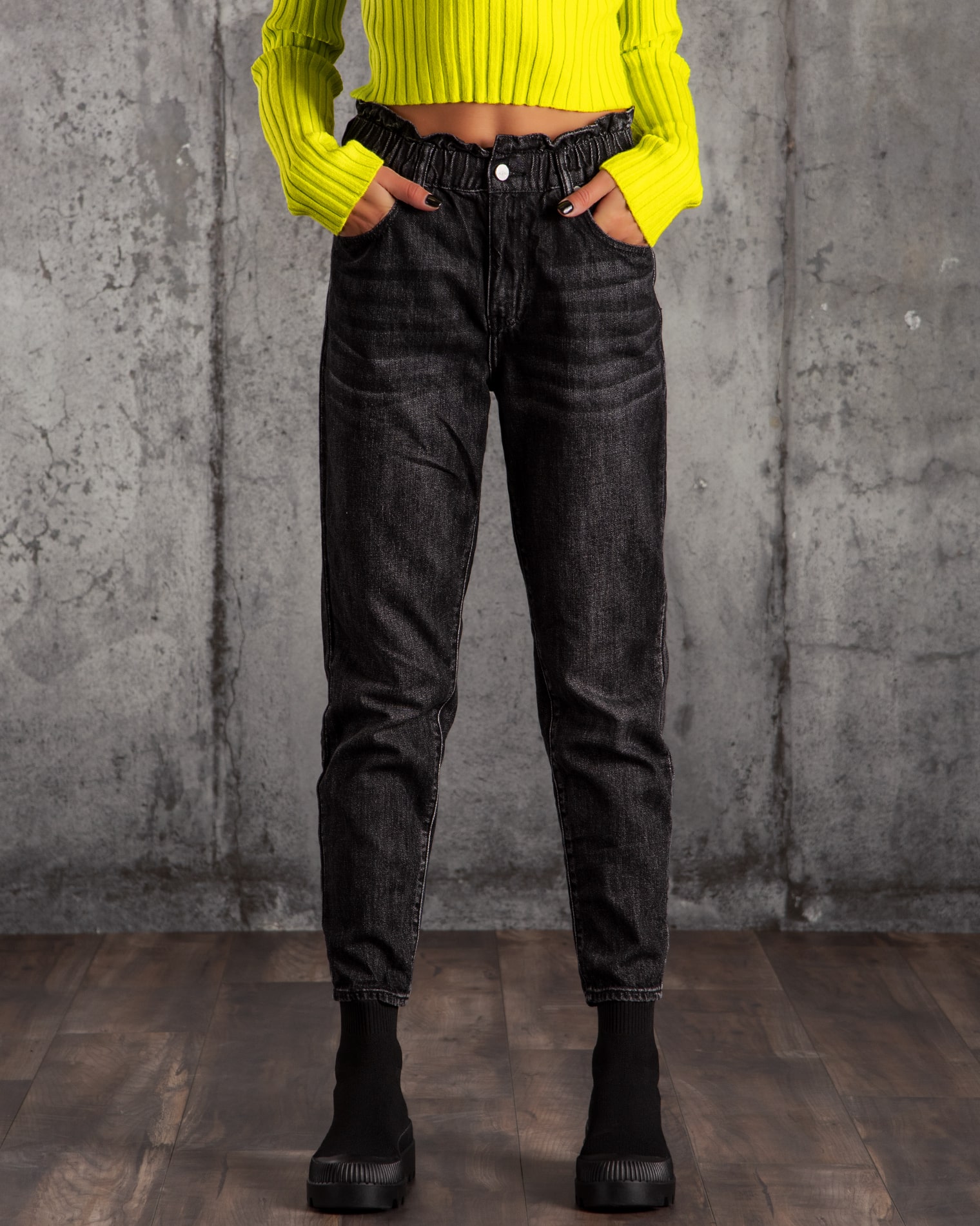 My House Jeans With "Paperbag" Waist, Black Color