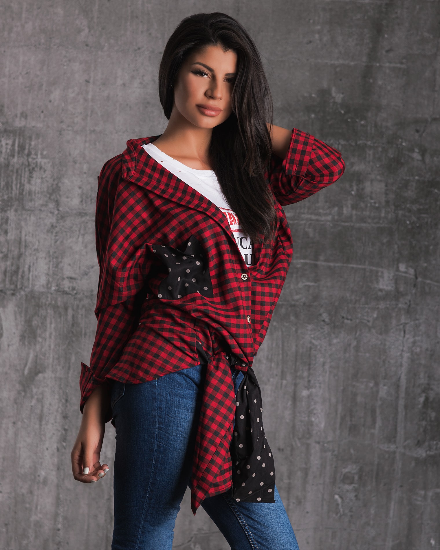 Super Plaid Shirt With Sequins, Red Color