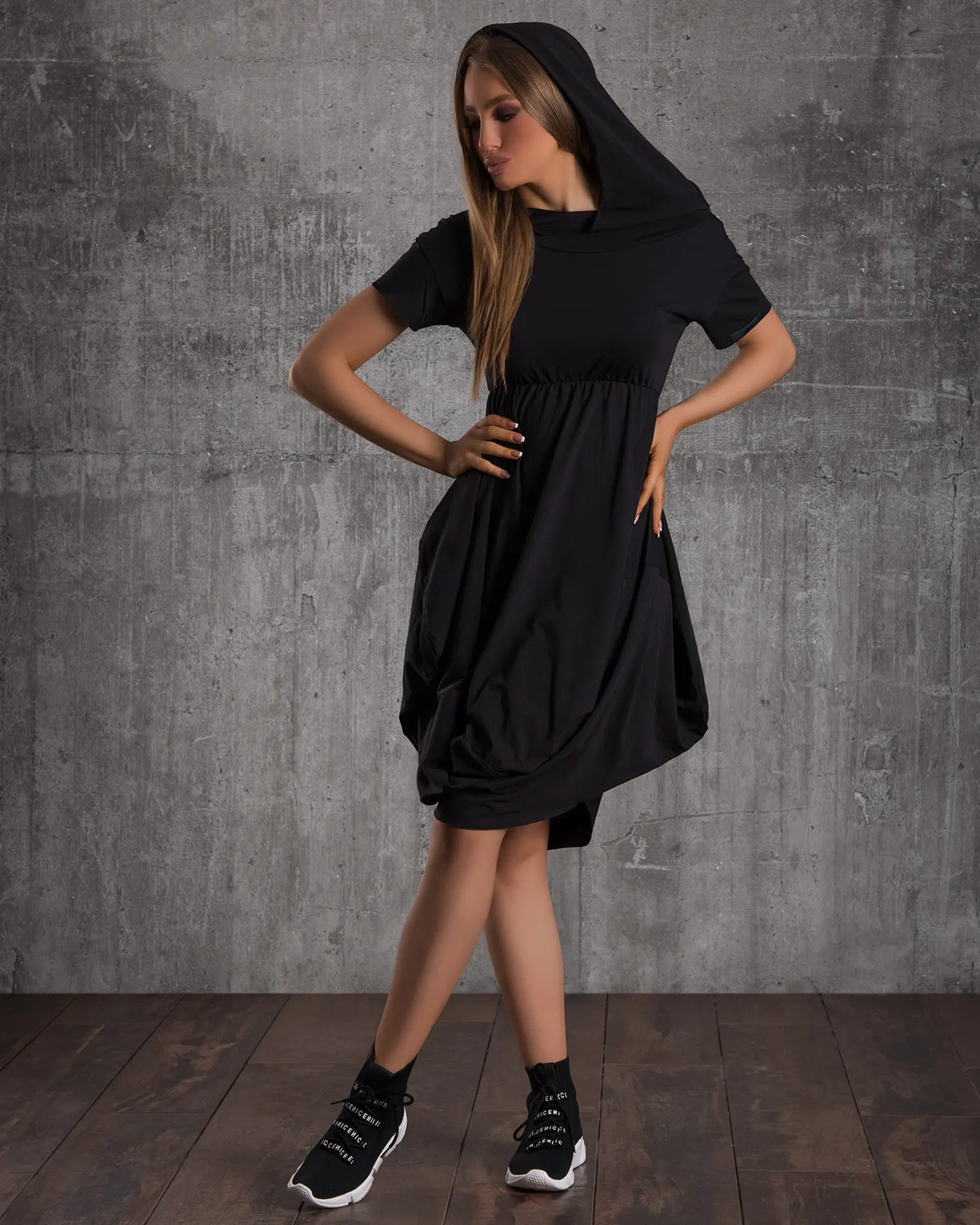 Sombra Hooded Dress, Black Color
