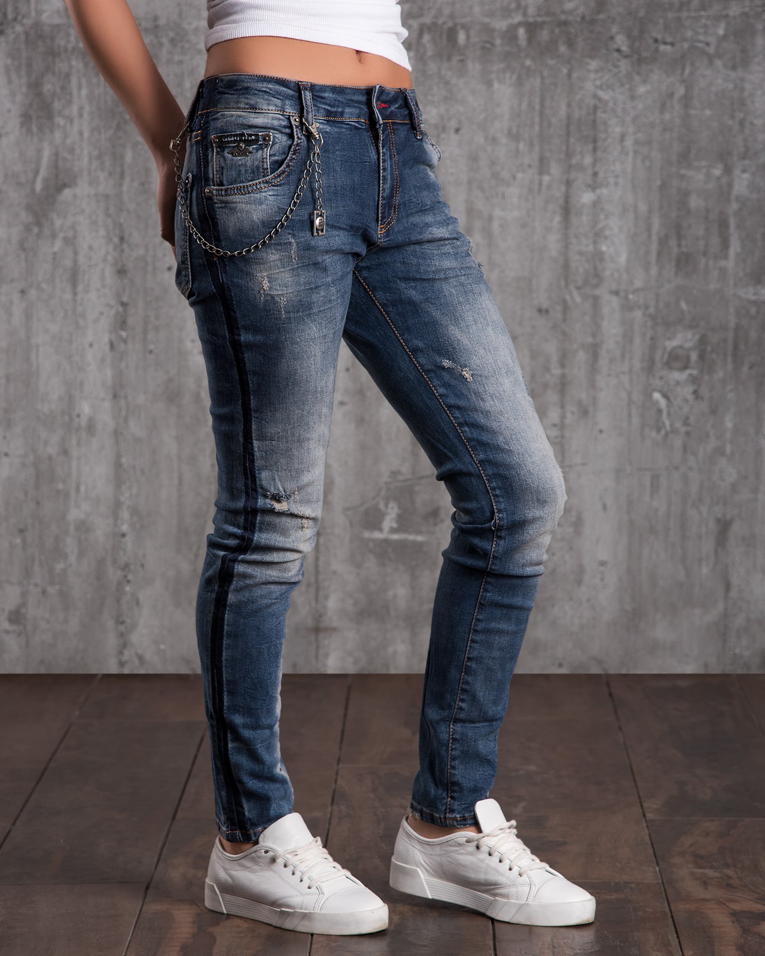 Border Jeans With Side Stripe Effect, Blue Color