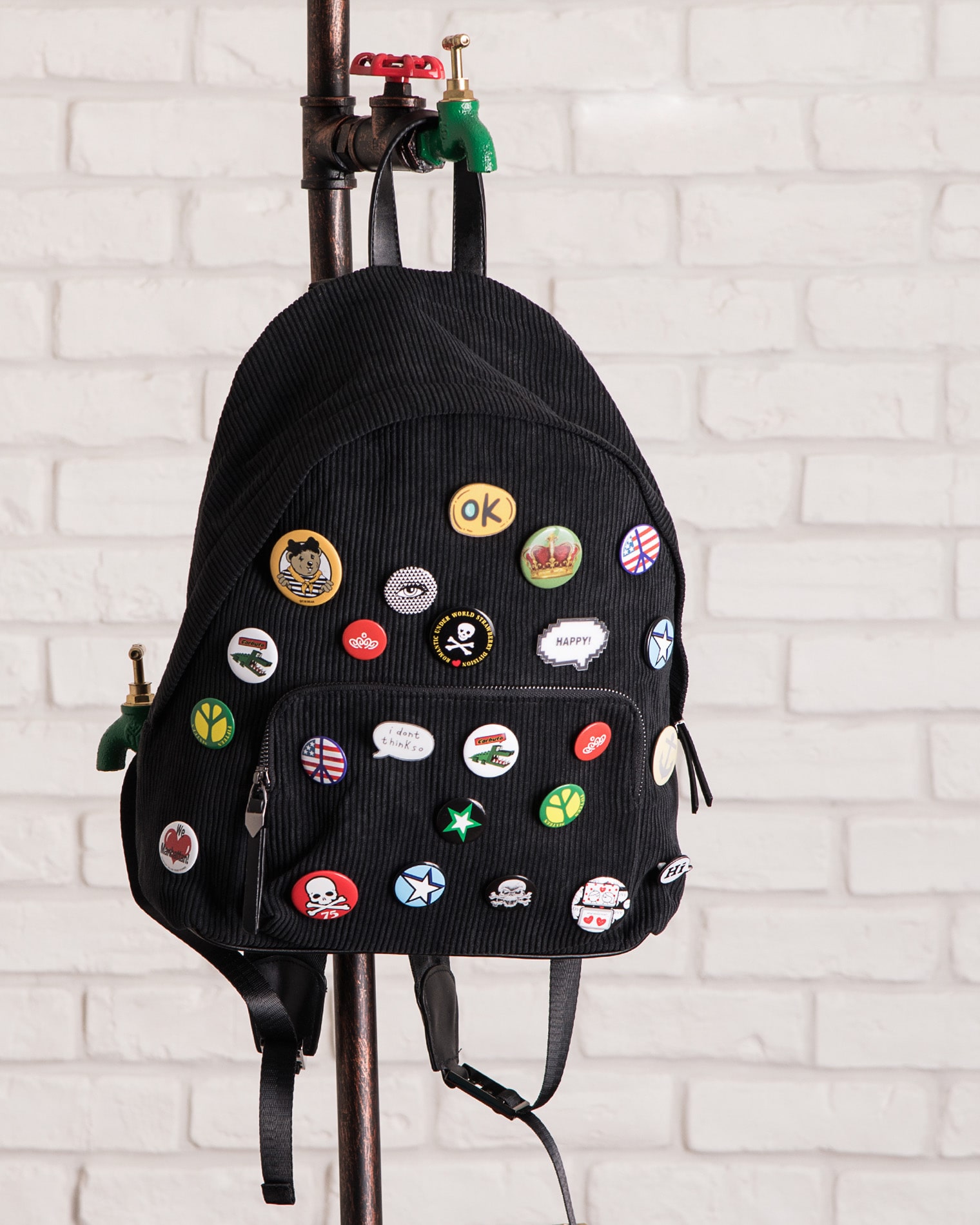 Velvet Corduroy Backpack With Pins, Black Color