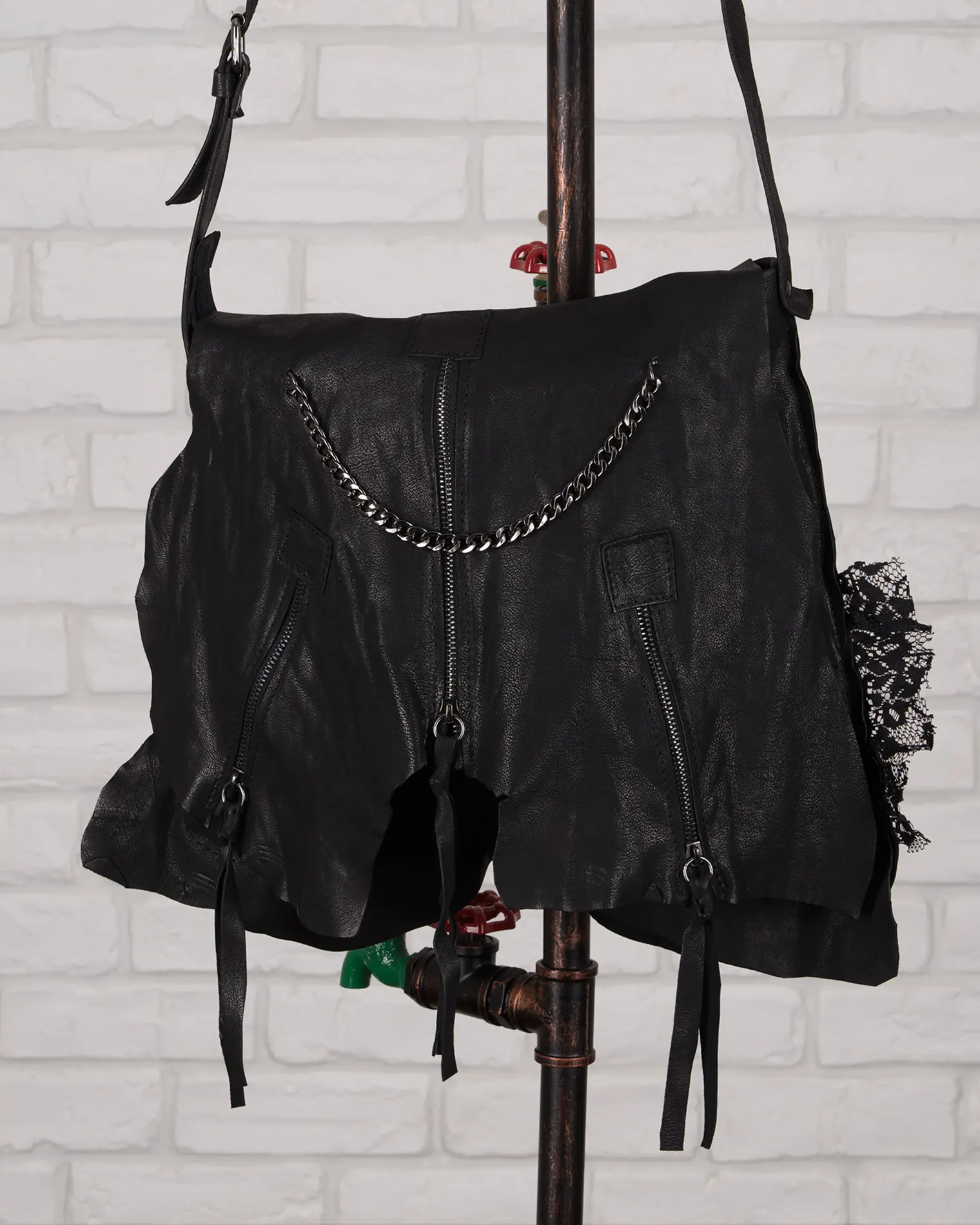 Sensual Leather Bag With Lace, Black Color