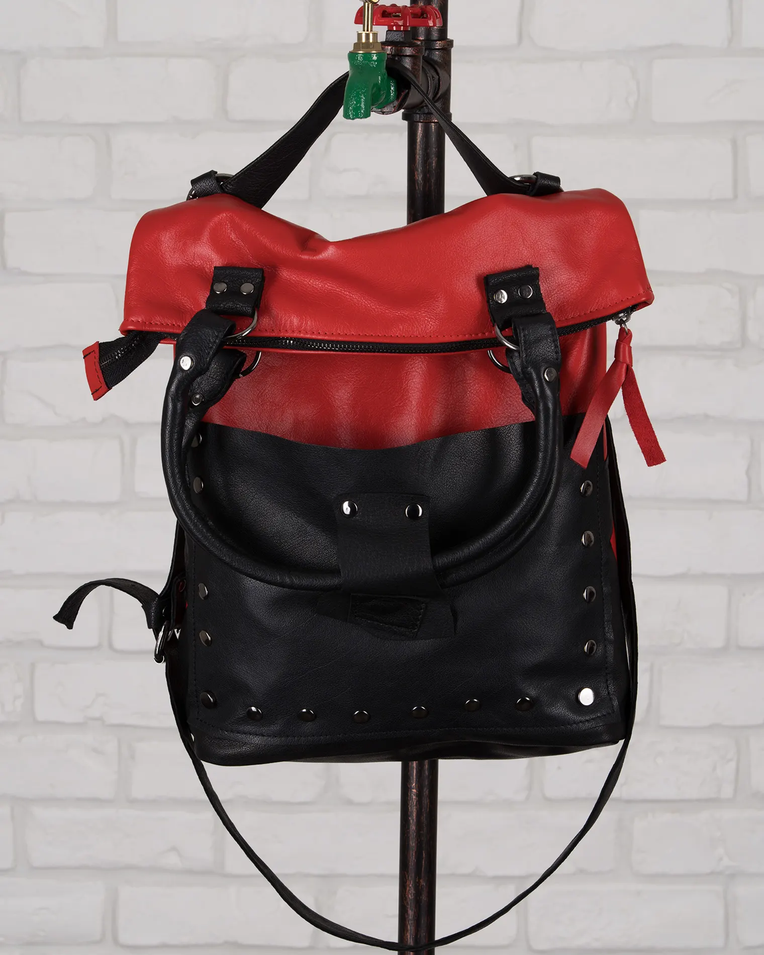 This Fire Burns Leather Bag With Studs, Red Color