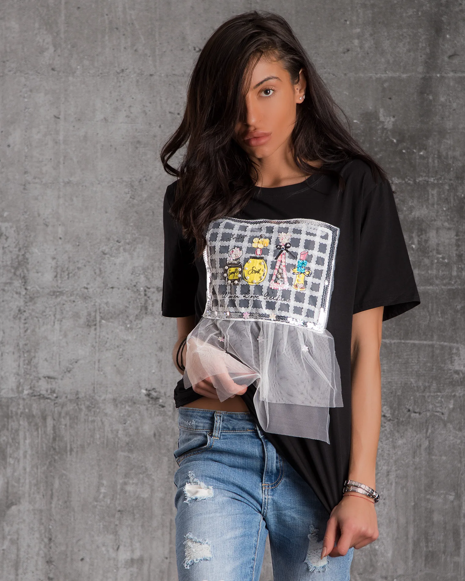 Elegancia T-Shirt With Tulle, Black Color