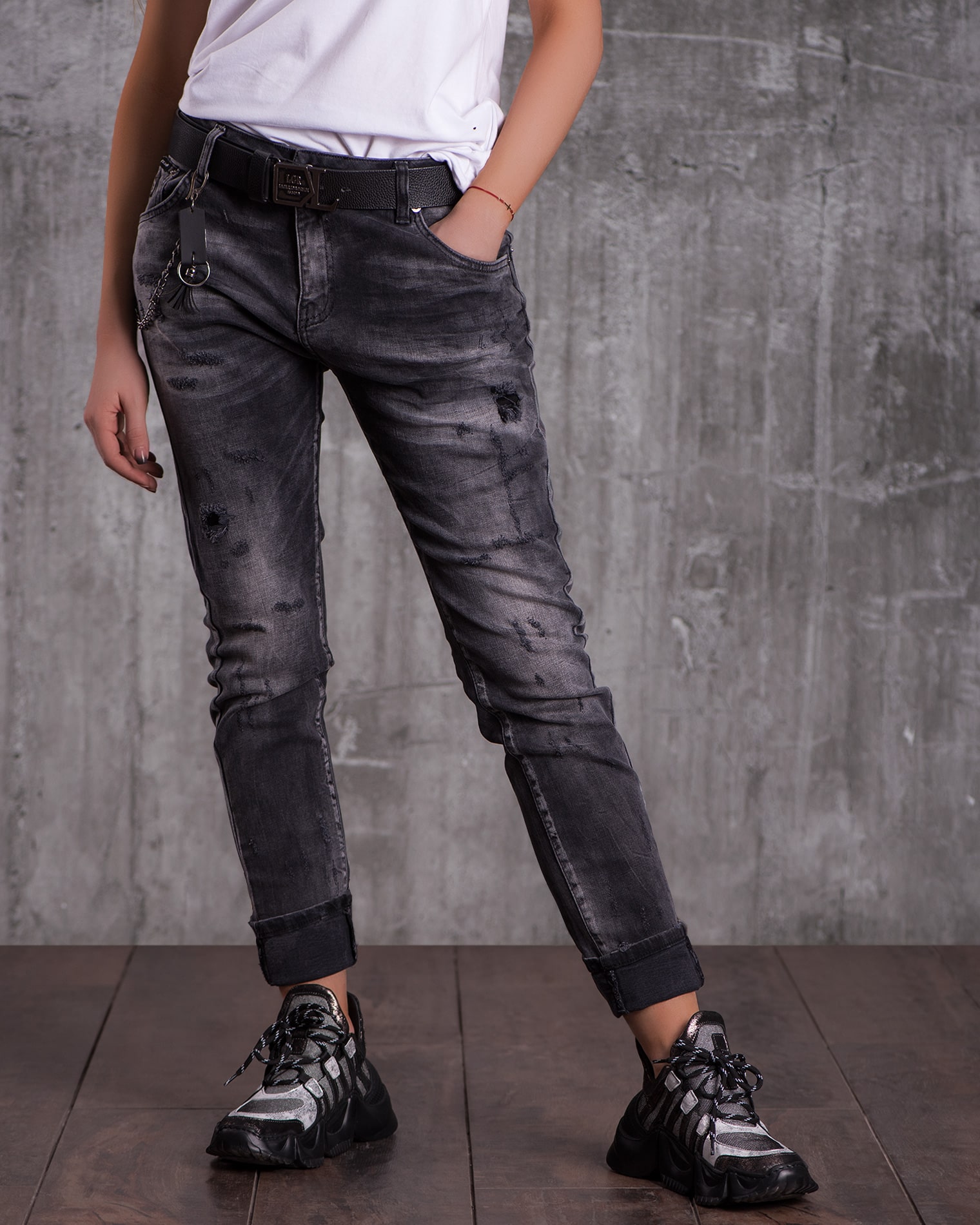 Palazzo Slim-Fit Jeans, Grey Color