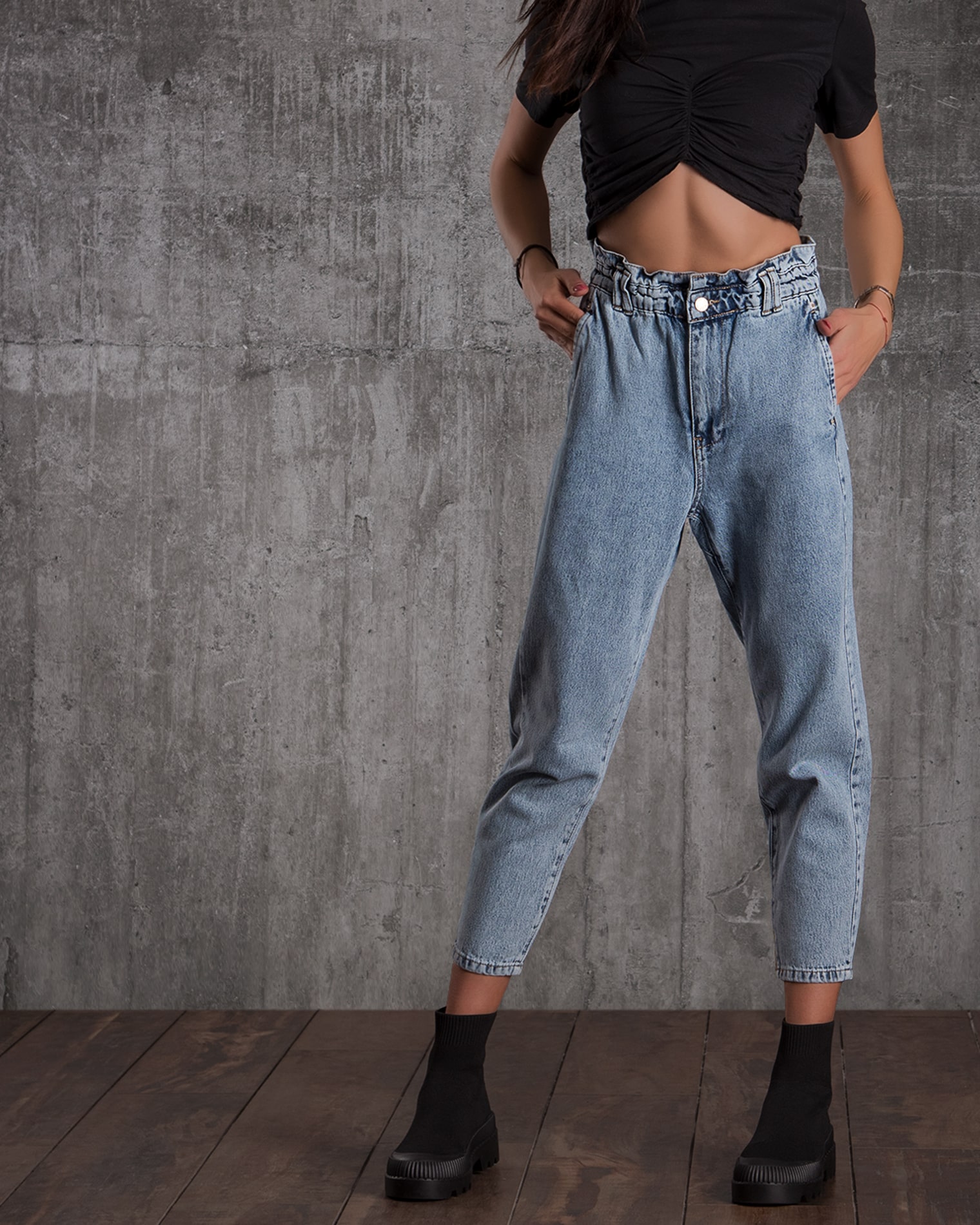 Century Jeans With Paperbag Waist, Blue Color