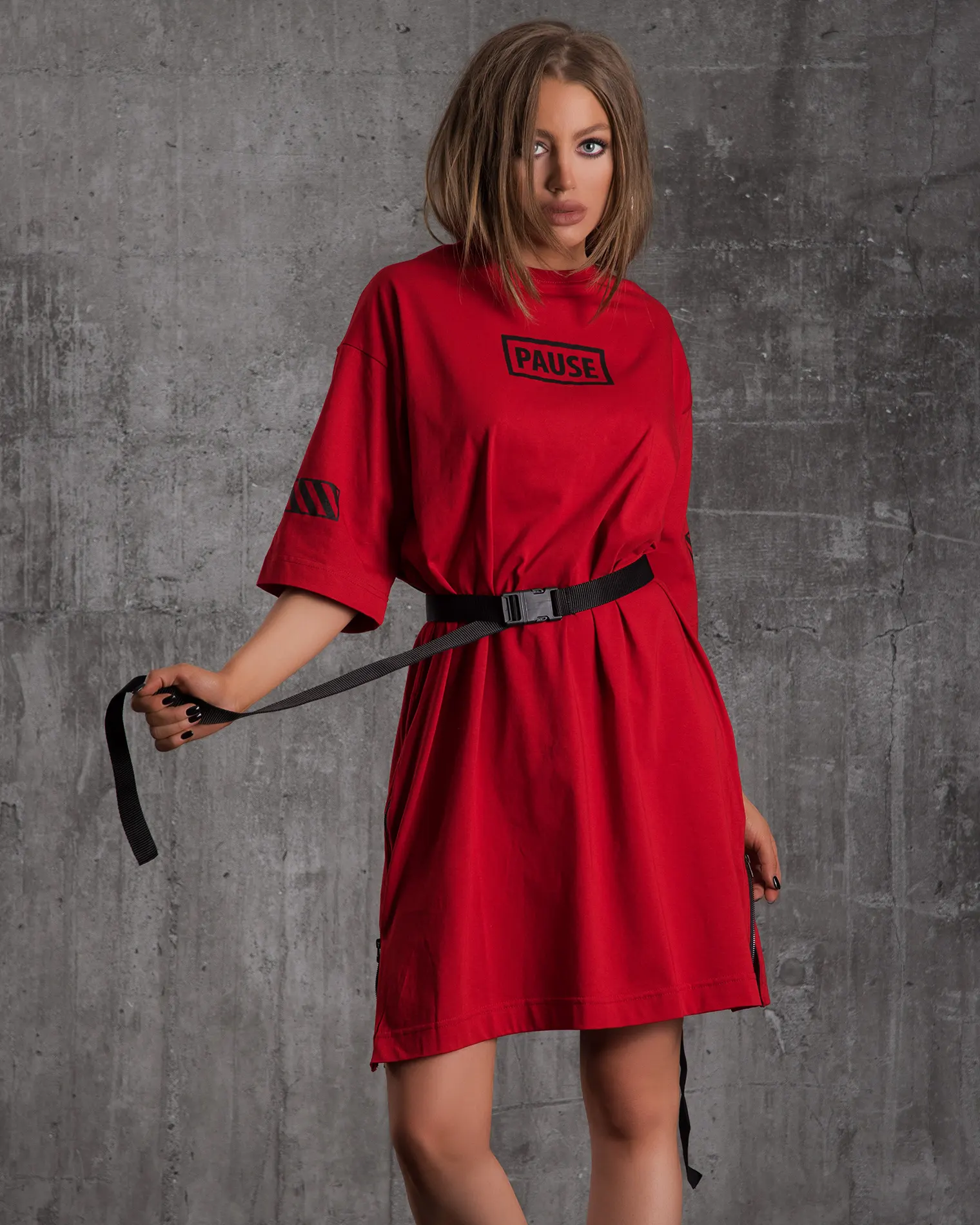 Complexion T-Shirt Dress With A Belt, Red Color