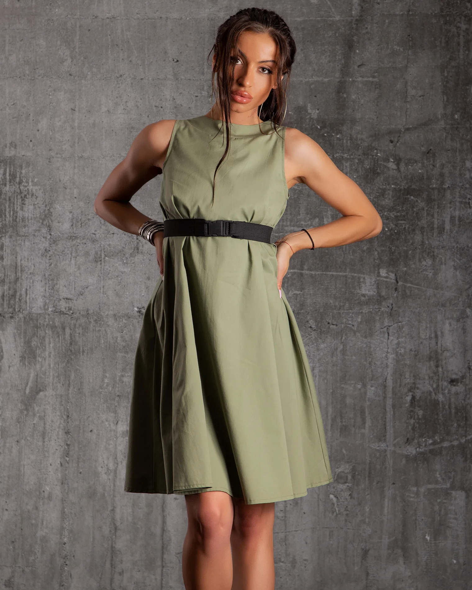 Aventino Dress With A Belt, Green Color