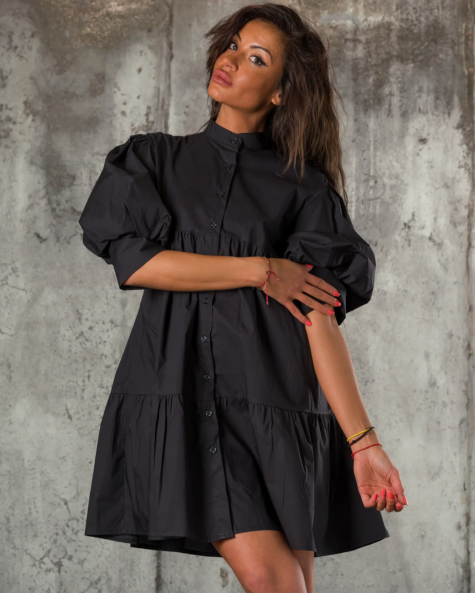 Portrait Shirt Dress, Black Color