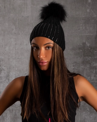 Jewel Beaded Pom Pom Beanie, Black Color