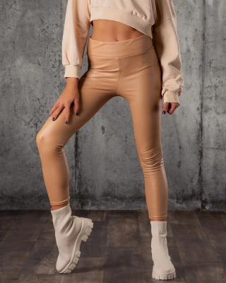 On Point Faux Leather Leggings, Beige Color