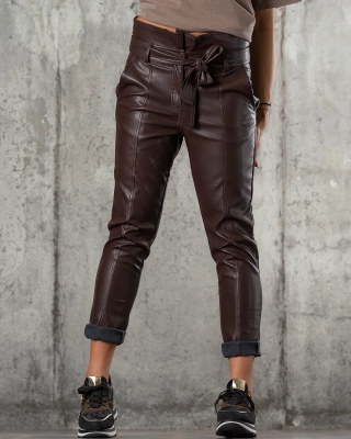 Nikki Pleather Trousers, Dark Brown Color