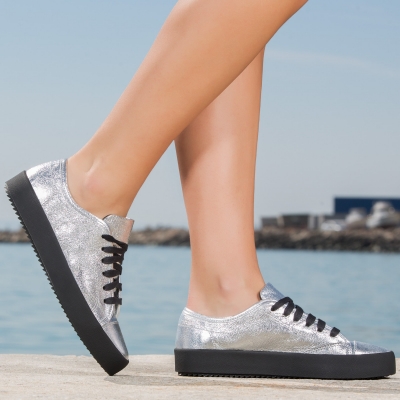 Fashion and Chill Leather Sneakers, Silver Color