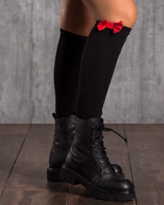 Vivid Black Leg Warmers With a Bow, Red Color
