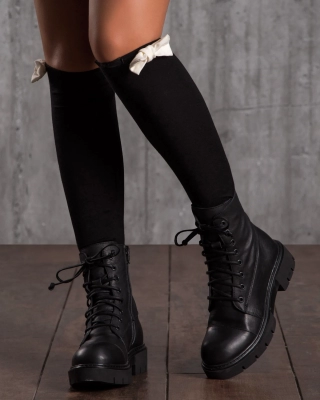 Vivid Black Leg Warmers With a Bow, White Color
