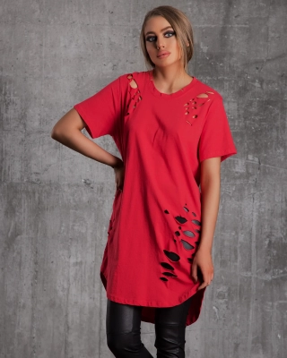 Beverly Hills Long Distressed T-Shirt , Red Color