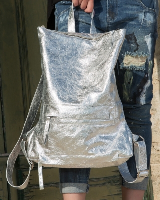 Absolute Leather Backpack, Silver Color