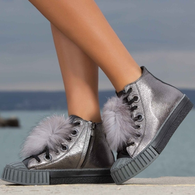 Chromatic Fur Pom Pom Sneakers, Silver Color