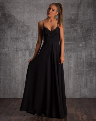 Magnetism Lace-Trim Long Dress, Black Color