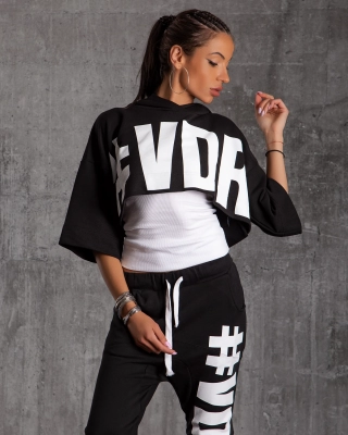 Visual Cropped Hoodie, Black Color