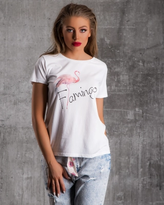 Flamingo T-Shirt With Feathers, White Color