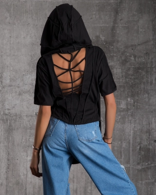 Jupiter Hooded Open-Back Top, Black Color