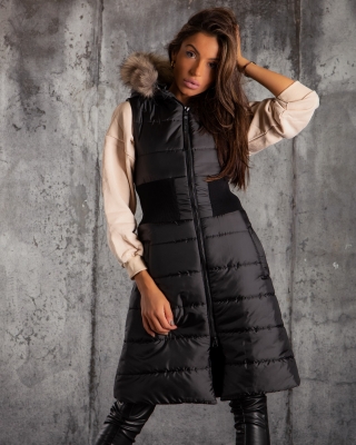 Aurora Long Vest With Fur, Black Color