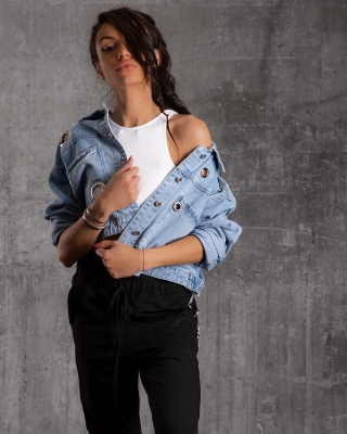 Printemps Denim Jacket With Eyelets, Blue Color