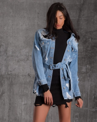 Smart Denim Belted Jacket, Blue Color