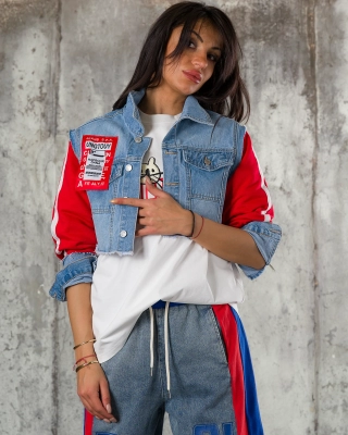 Do It For The Plot Jacket, Denim/Red Color