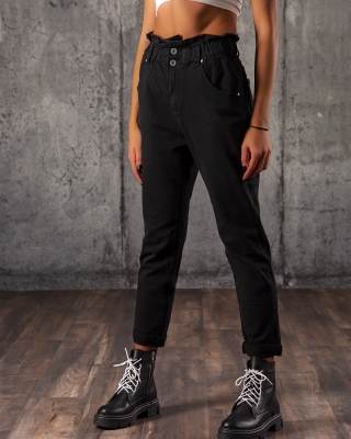District Jeans With "Paperbag" Waist, Black Color