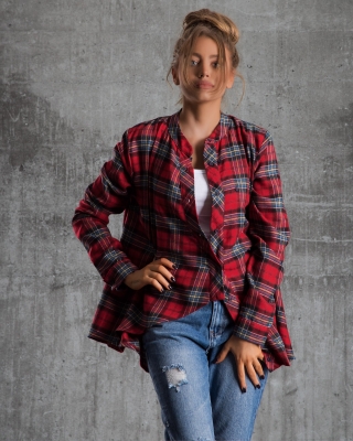 Balance Asymmetric Plaid Shirt, Red Color