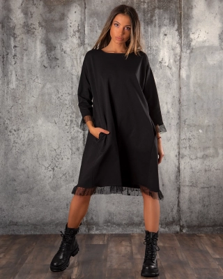 Midnight Dress With Lace Trim, Black Color