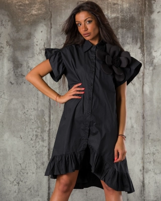Black Flower Shirt Dress, Black Color