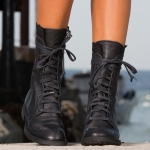 Dreamland Leather combat boots with studs and lace trim, Black Color
