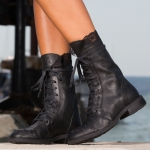 Dreamland Leather combat boots with studs and lace trim, Black Color