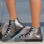 Chromatic Fur Pom Pom Sneakers, Silver Color