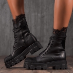 Glacier Leather Boots With Lace Trim, Black Color